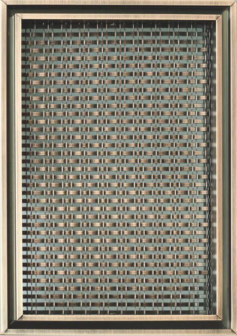 Woven metal fabric with a fine weave, framed sample